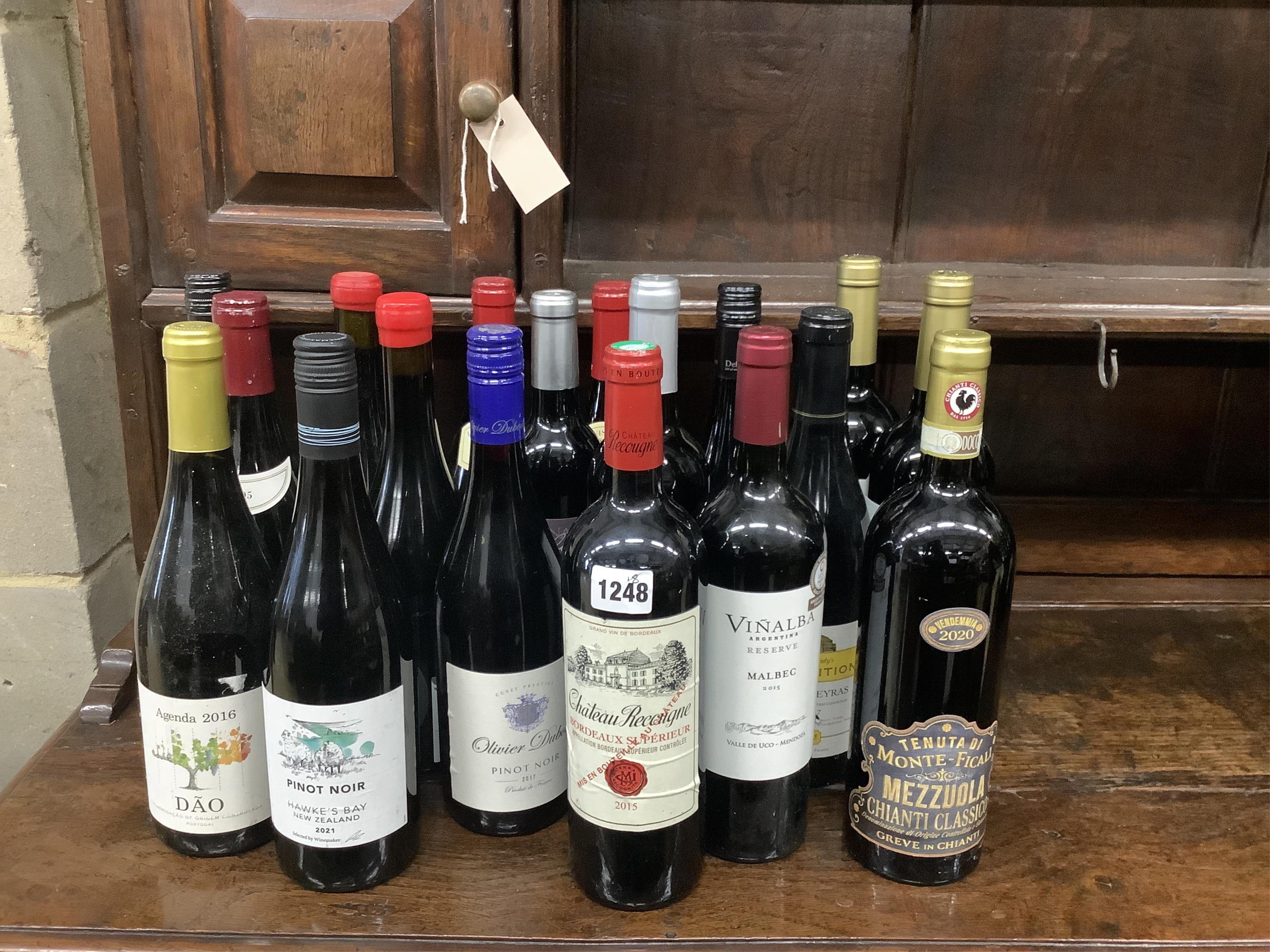 Eighteen bottles of assorted red wine to include The Guv’nor, Louis Jadot Beaujolais Lantignie 2020 and Chateaux Recougne Bordeaux 2015. (Surplus stock from a local wedding event company).